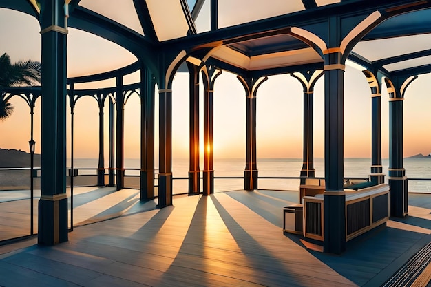 Een balkon met uitzicht op de oceaan en de ondergaande zon.