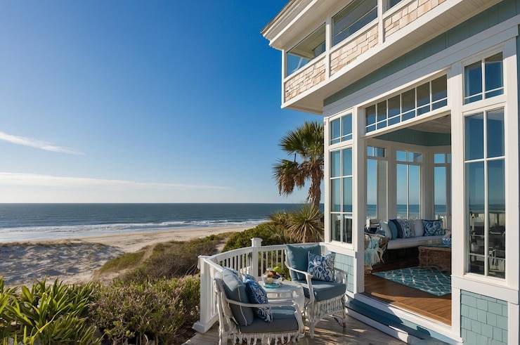Foto een balkon met uitzicht op de oceaan en een palmboom