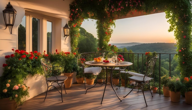 een balkon met uitzicht op de oceaan en een tafel met een bord fruit en een potplant