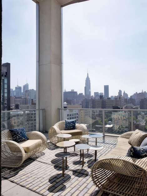 een balkon met uitzicht op de skyline van de stad