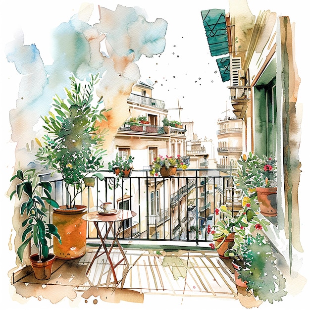 Een balkon met uitzicht op de stad en potplanten Het is rustig en ontspannend