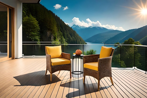 Een balkon met uitzicht op het meer en de bergen