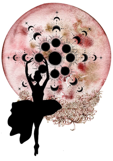 Een ballerina danst op een roze cirkel met daarachter een gouden cirkel