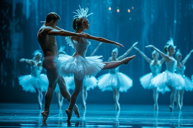 Een balletdanser en een balletdanser dansen op het podium met hun dansgezelschap