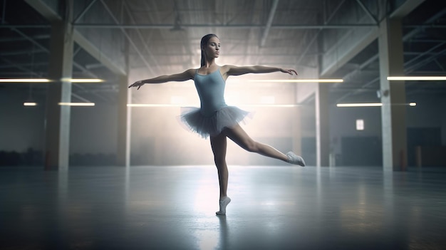 Een balletdanseres in een donkere kamer met een lamp achter haar