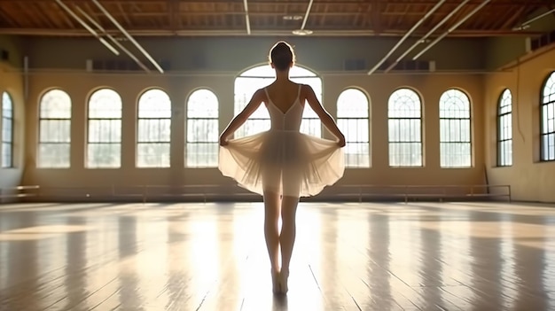 Een balletdanseres in een witte tutu staat voor een rij ramen.