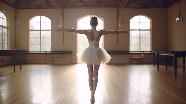 Een balletdanseres wordt getoond in een studio met uitgestrekte armen.