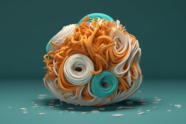 Een balletje pasta met blauwe en oranje strepen en een blauw en wit dessin.