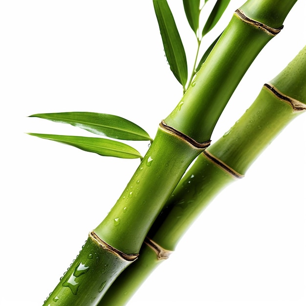 Een bamboetak met groene bladeren en waterdruppeltjes erop.