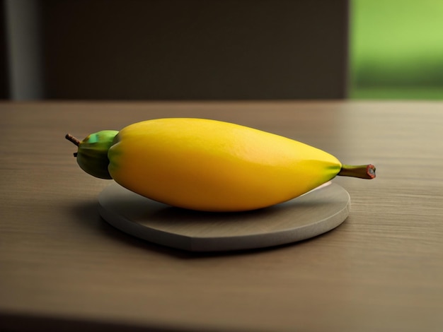 Een banaan ligt op een ronde ondergrond op een tafel.