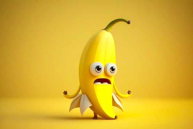 Een banaan met een droevig gezicht staat voor een gele achtergrond.