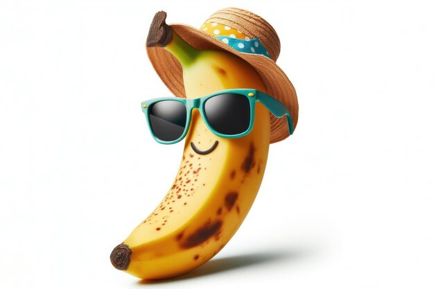 Foto een banaan met een zomerzonnebril op een geïsoleerde witte achtergrond