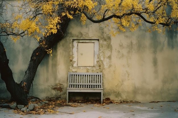 een bank onder een boom met gele bladeren
