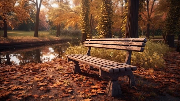 Een bankje in een park met herfstbladeren op de grond.