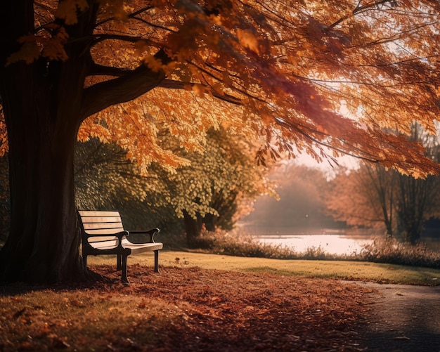 een bankje in het park onder een herfstboom