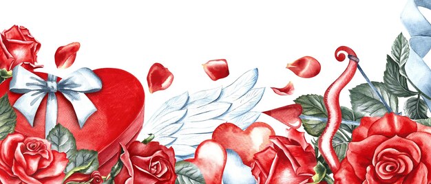 Een banner voor Valentijnsdag Een cadeau doos in de vorm van een rood hart een pijl en cupido vleugels rozen