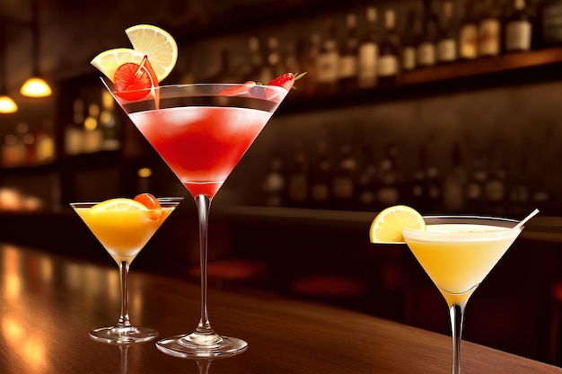 Een bar met drie cocktails op de toonbank