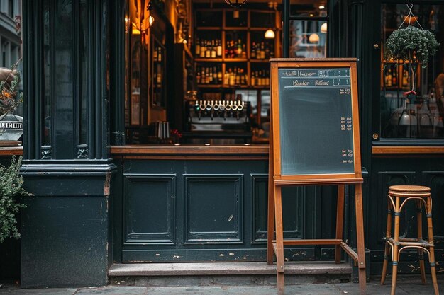 Foto een bar met een bord en een stoel erbuiten