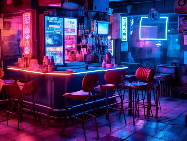 Een bar met neonreclames waarop 'pinball' staat