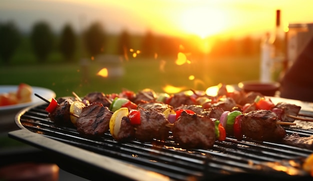 een barbecue met vlees en groenten erop