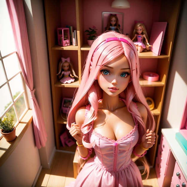 Een Barbie-pop in haar huis.