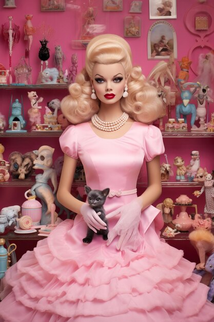 Foto een barbie pop met een kat in de hoed