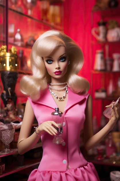 Een Barbie-pop met een roze jurk en een fles parfum.