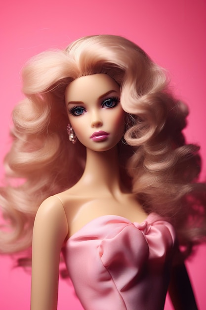 Een Barbie-pop met roze haar en roze ogen.