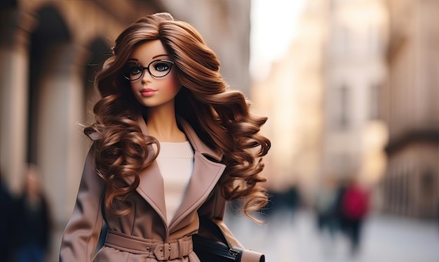 Een barbie pop staat op een stadsstraat.