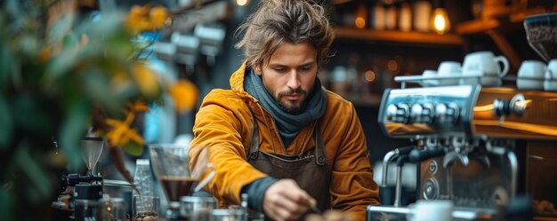 Een barista die concurreren met het maken van koffie