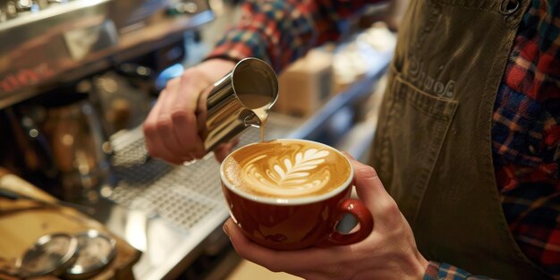 Een barista giet melk in een kop koffie.