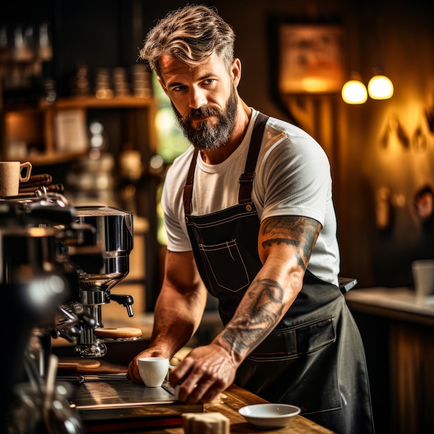 Een barista met tatoeages op zijn arm maakt koffie.