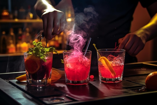 Een barman bereidt een cocktail met een roze drankje en een rietje.