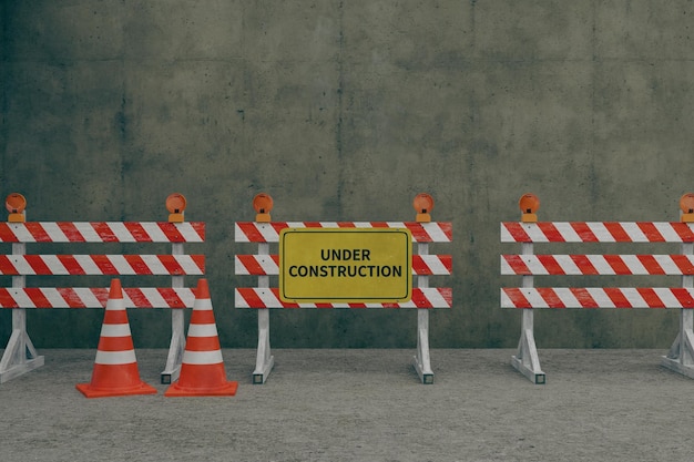 een barricade met rode strepen waarop staat Under Construction 3D-rendering