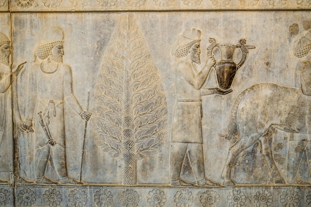 Een bas-reliëfafbeelding van huldedragers is aanwezig voor de koning in Persepolis, Iran.