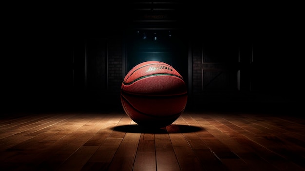 Een basketbal bovenop een houten vloer in het donker Generatieve AI