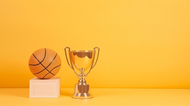 Een basketbal en een trofee op een gele achtergrond