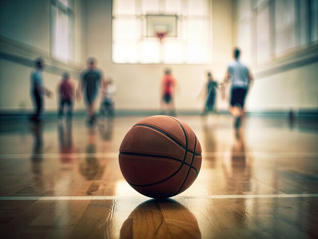 een basketbal op de vloer met mensen op de achtergrond