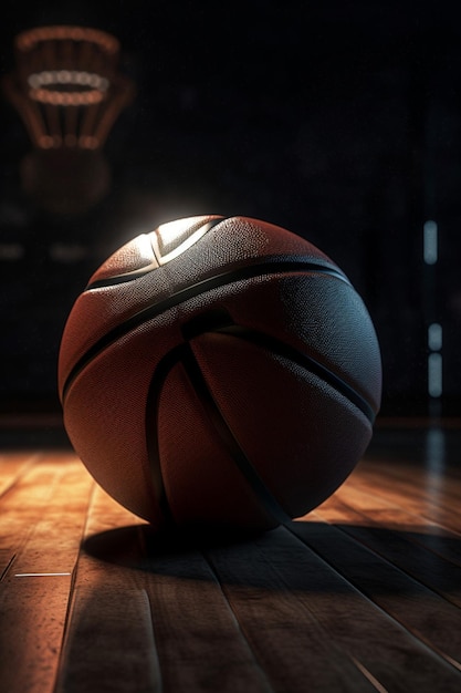 Foto een basketbal op een houten vloer in een donkere kamer met een lamp erop.