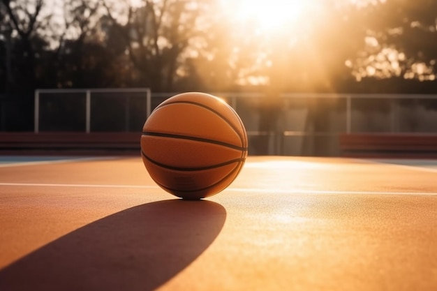 Een basketbal op een veld bij zonsondergang
