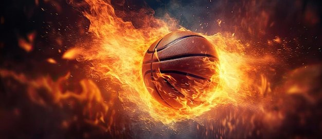 een basketbalbal die in de vlammen schiet in de stijl van realisme met fantasie-elementen
