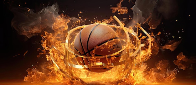 een basketbalbal die tegen een hoepel stuitert met rook op de achtergrond