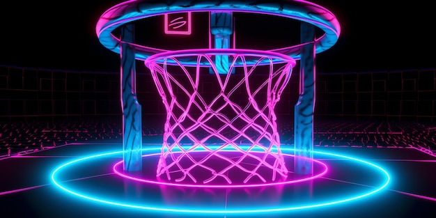 Een basketbalhoek met neonlichten.