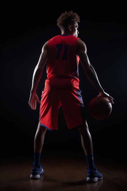 Een basketballer met het nummer 71 op zijn rug staat in een donkere kamer.