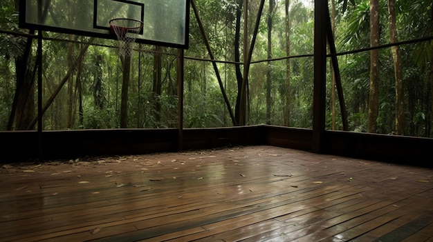 Een basketbalring in een tropisch bos