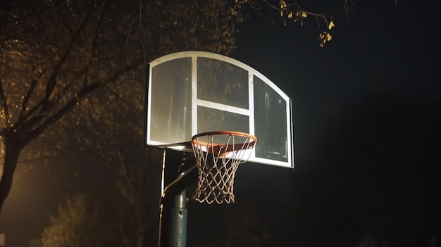 Een basketbalring wordt 's nachts verlicht met de woorden basketbal erop.