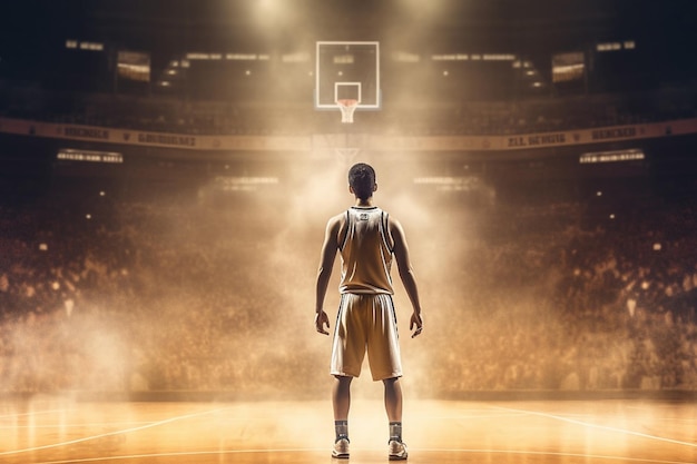 Een basketbalspeler staat op het veld en de woorden "basketbal" op de achterkant van het veld.