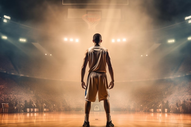 Een basketbalspeler staat op het veld en kijkt op naar de basketbal.