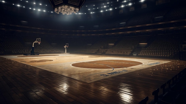 Een basketbalveld in een stadion met een basketbalspeler op het veld.