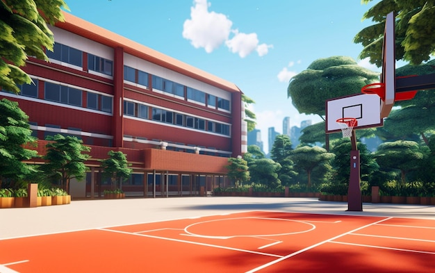 Een basketbalveld met een gebouw op de achtergrond